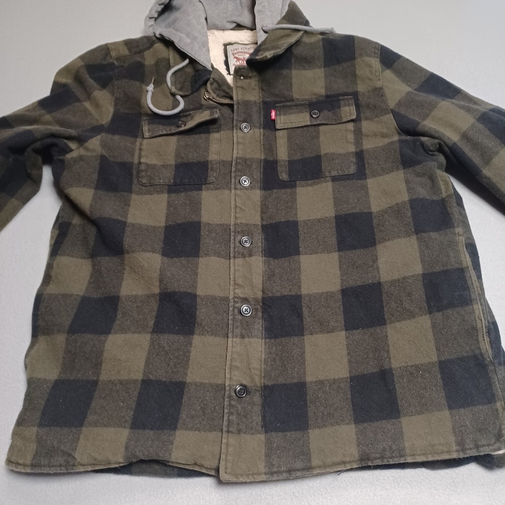 Levi's Shirt Jacket Mens XL Green Buffalo Plaid Sherpa Lined Hooded Flan Shacket - Picture 13 of 15